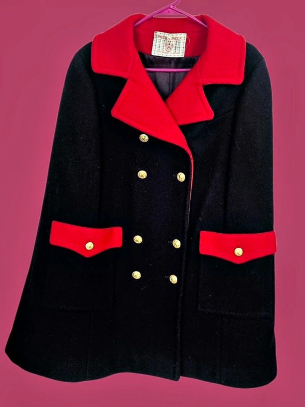 Peck & Peck Black & Red Double-Breasted Pea Coat